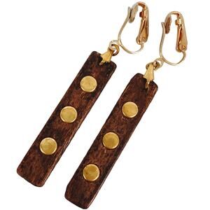 VTG 60s Wood Gold Tone Clip On Dangle Earrings Mid Century Modernist Minimalist